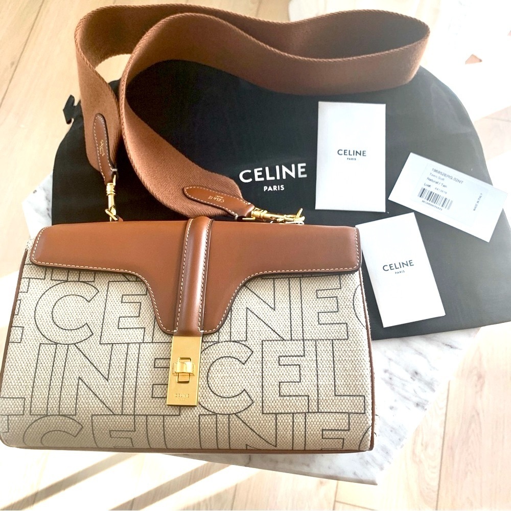 🌟 CELINE Teen Soft 16 Crossbody Bag in Textile Logo and Natural Tan Leather - Picture 2 of 16